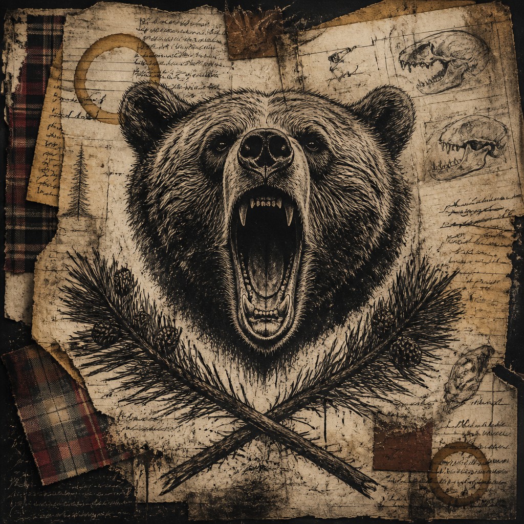 a roaring bear head above crossed pine branches, bold graphic composition on a plain background, no text