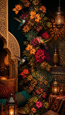 a climbing vine of flowers and hummingbirds on a dark background, tall wrapping composition, no text