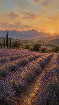 a field of lavender stretching to distant hills at dusk, no people