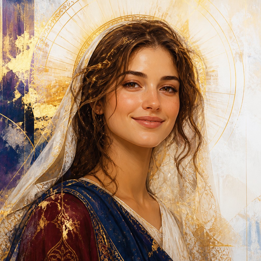 head-and-shoulders portrait of an original character: a young woman with wavy chestnut hair and a warm smile, plain soft backdrop
