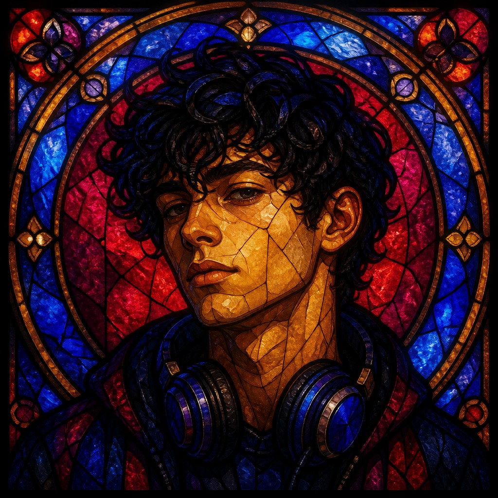 head-and-shoulders portrait of an original character: a young man with curly dark hair and headphones around his neck, plain backdrop, no text