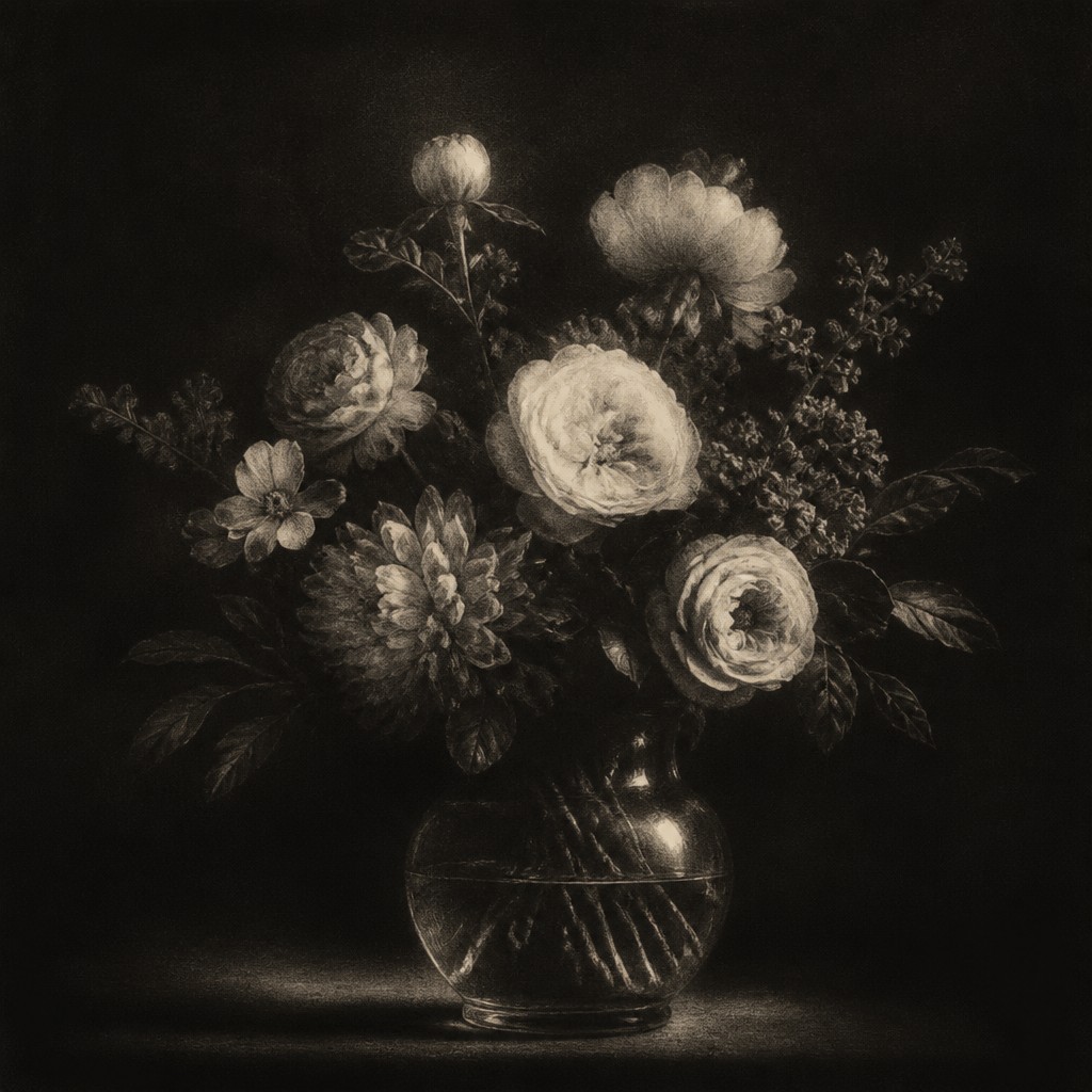 bouquet of flowers in a glass vase — Mezzotint Print Style