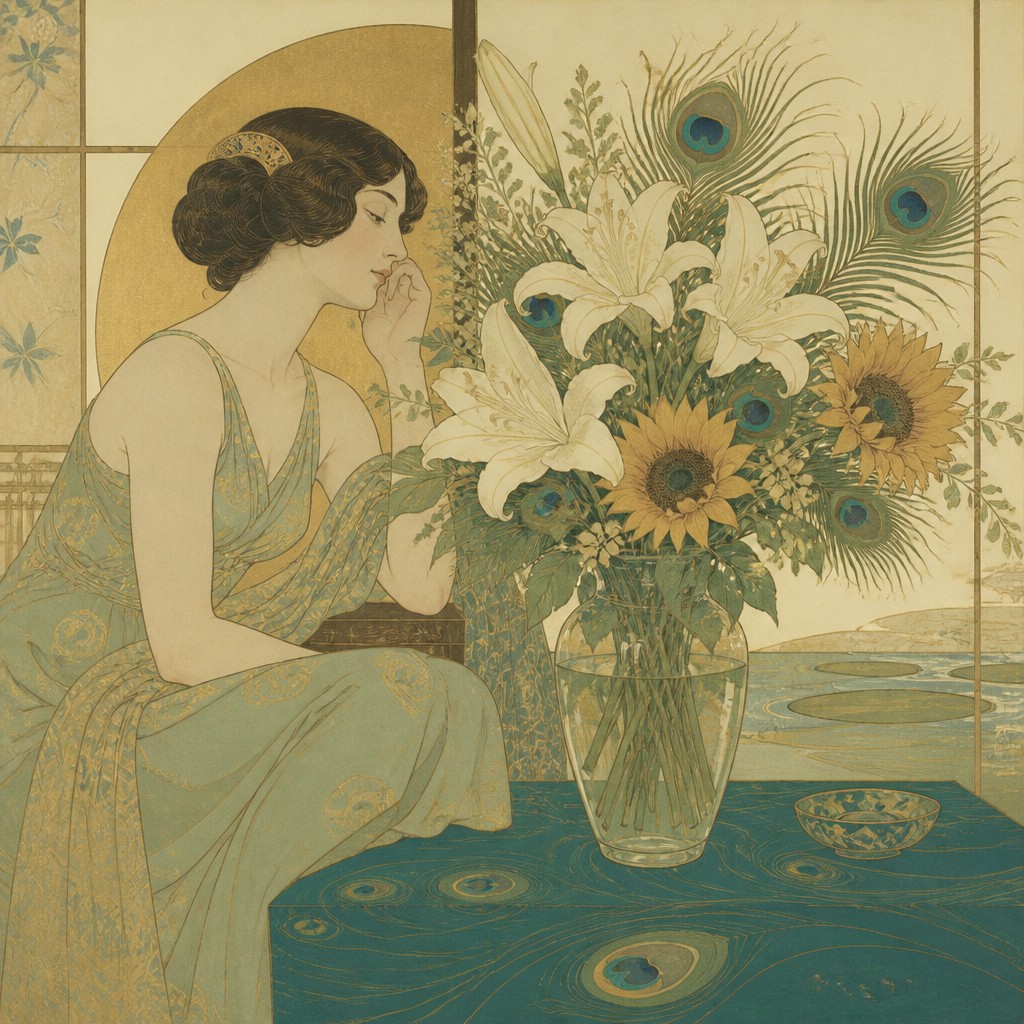 bouquet of flowers in a glass vase — Aesthetic Movement Art Style