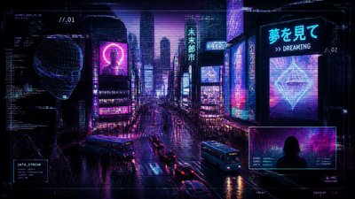 bustling city street panorama at dusk