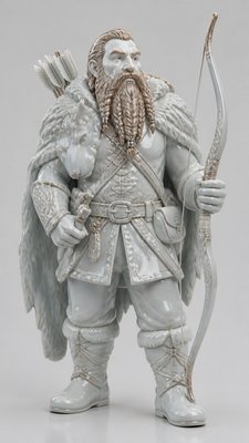 full-body original character: a dwarven ranger with a braided auburn beard, worn leather armor, a longbow and a wolf-pelt cloak, neutral background, no text