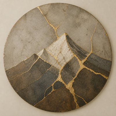 an emblem of a mountain peak inside a circle, simple bold shapes on a plain background, no text or lettering