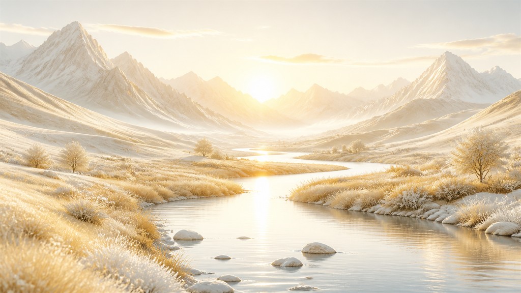 a vast valley with a river winding toward distant mountains at sunrise, no people, no text