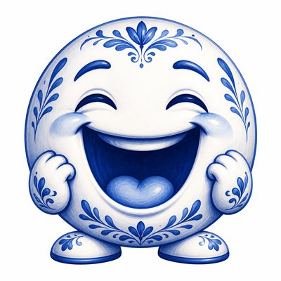 an exaggerated laughing face of an original round mascot character, bold and readable at small size, plain background, no text