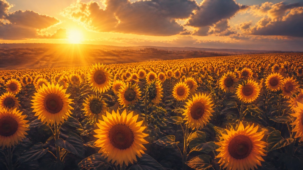 an endless field of sunflowers under summer clouds, no people