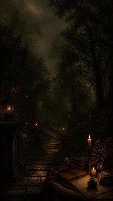 a mysterious forest path with fireflies and drifting mist, atmospheric vertical composition with open space at the top, no text