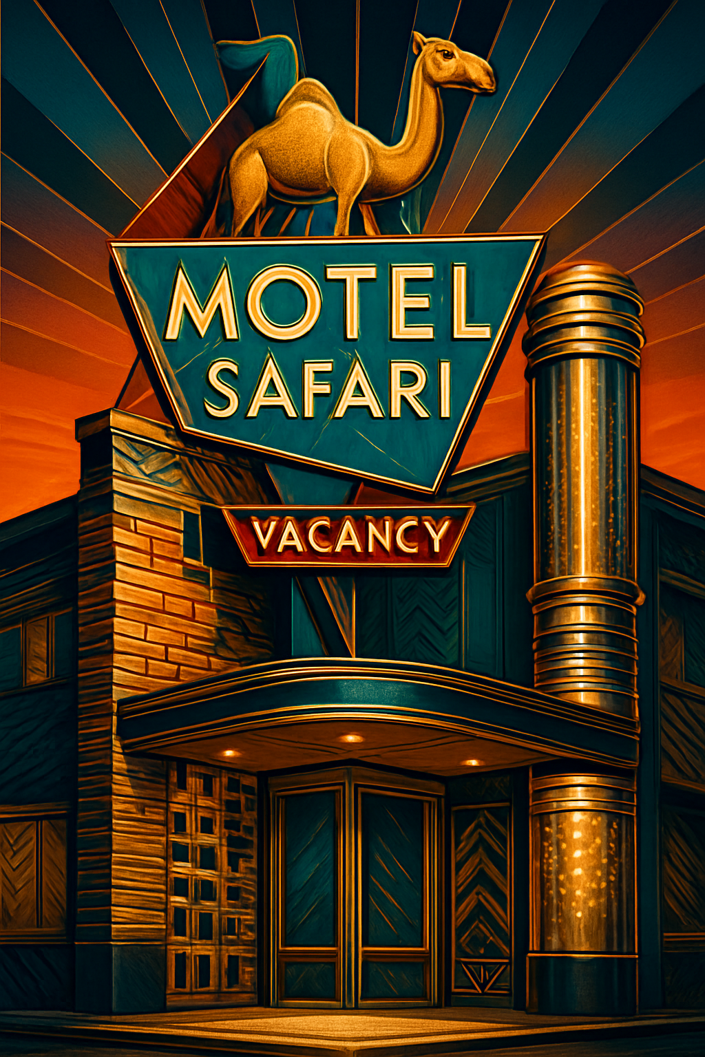 Create an image of the Motel Safari in Tucumcari, showcasing its distinctive Doo Wop or Googie architectural style. The design should feature counter-stacked brickwork with oozing mortar, cinder block walls with unique openings, and metal cylinders with perforated holes that glow softly at night. The sign should incorporate playful geometric shapes, with Clyde the Camel prominently perched on top, illuminated against a vibrant sunset sky. Include a retro Route 66 vibe with neon accents and a welcoming "VACANCY" sign.