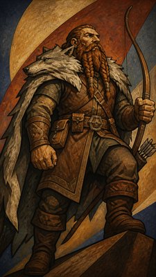 full-body original character: a dwarven ranger with a braided auburn beard, worn leather armor, a longbow and a wolf-pelt cloak, neutral background, no text