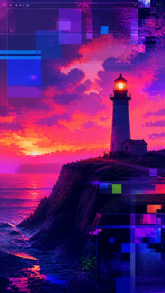 a lone lighthouse on a cliff at dusk under a dramatic sky, no text or lettering