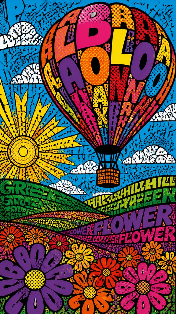 a hot air balloon drifting over rolling flower fields on a sunny day, cheerful, no text