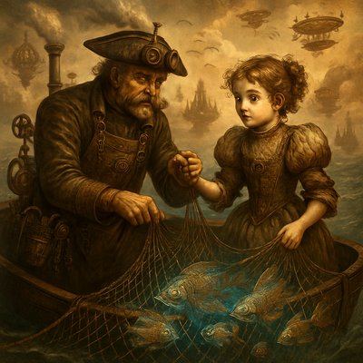 A highly detailed steampunk fantasy reimagining of Émile Renouf's "The Helping Hand" (1881), where an elderly fisherman with a weathered face, bushy mustache, brass-rimmed goggles perched on his forehead, a leather apron adorned with gears and pouches of tools, and a tricorn hat fitted with a small steam whistle, reaches out to assist a wide-eyed young girl in a frilly Victorian dress modified with corseted bodice, puffed sleeves of oil-stained fabric, and tiny mechanical bird brooch. They stand together in a compact, riveted iron rowboat propelled by a hissing steam engine at the stern, with exposed copper pipes, whirring pistons, and a propeller churning the ethereal, mist-shrouded waves of a fantastical ocean dotted with floating clockwork islands and distant airships billowing smoke. The pair collaboratively hauls a massive, enchanted fishing net woven with glowing aether filaments and brass weights, teeming with bioluminescent mechanical fish hybrids—scales of etched metal and fins like unfolding fans—symbolizing intergenerational ingenuity and wonder. Render in intricate digital art style blending Victorian engraving precision with fantastical whimsy, warm sepia tones accented by burnished golds, verdigris greens, and sparks of arcane blue energy, dramatic chiaroscuro lighting from a setting sun filtered through industrial haze, ultra-detailed textures on leather, rust, and fabric, cinematic composition with dynamic tension in their clasped hands


