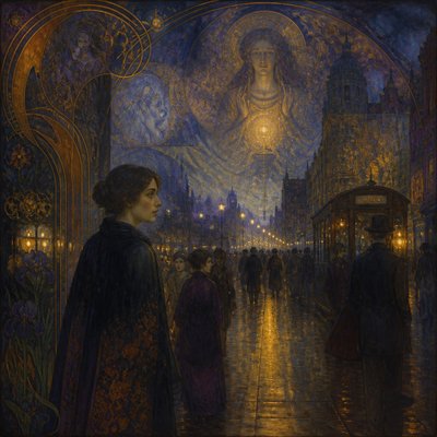 urban street with city activity — Symbolism Art Style