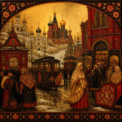 urban street with city activity — Russian Art Style