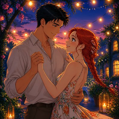 an original couple dancing under string lights in a garden at dusk: a man with short black hair in a linen shirt and a woman with braided red hair in a summer dress