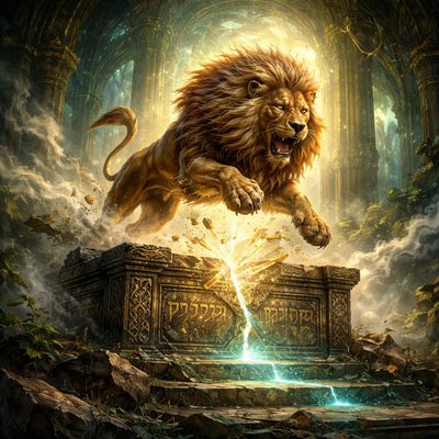 A hyper-realistic, majestic golden Lion of Judah leaping powerfully over a crumbling ancient stone altar. The altar is engraved with Hebrew letters and surrounded by drifting incense smoke. As the lion "springs out," the heavy stone of the altar cracks under its paws, revealing a path of brilliant celestial light. Cinematic lighting, dramatic shadows, baroque art style, 8k resolution, divine and regal atmosphere.