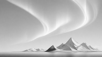 a flowing aurora over snowy peaks, wide sweeping composition, no people, no text