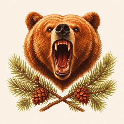 a roaring bear head above crossed pine branches, bold graphic composition on a plain background, no text