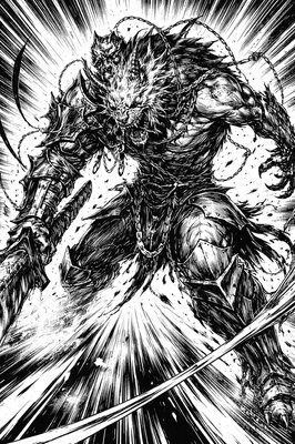 a black and white drawing of a demon