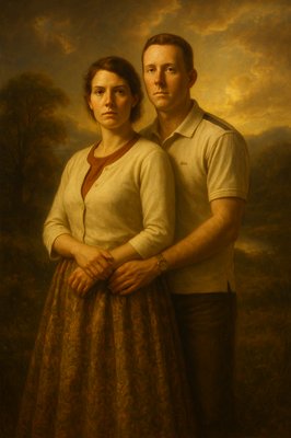 a painting of a man and woman standing next to each other