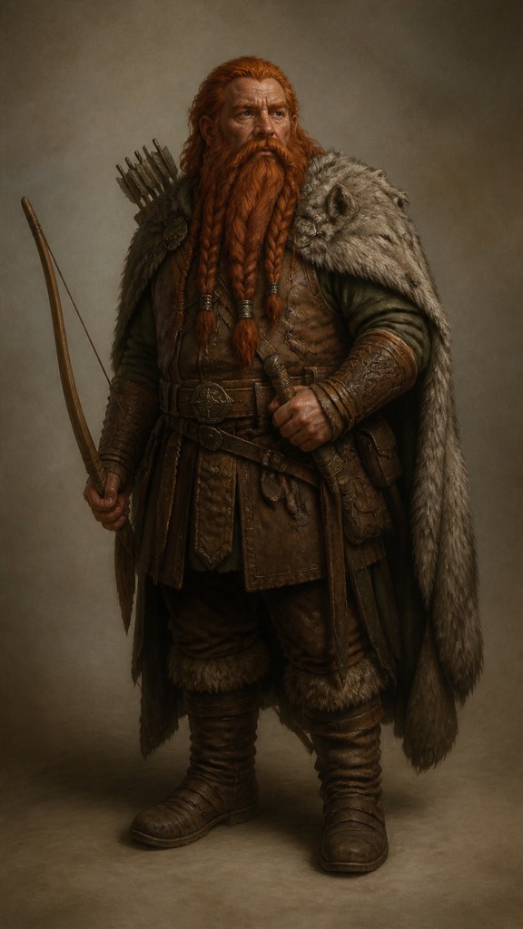 full-body original character: a dwarven ranger with a braided auburn beard, worn leather armor, a longbow and a wolf-pelt cloak, neutral background, no text
