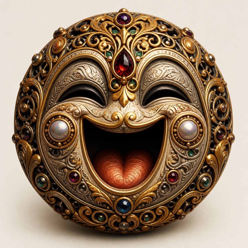 an exaggerated laughing face of an original round mascot character, bold and readable at small size, plain background, no text