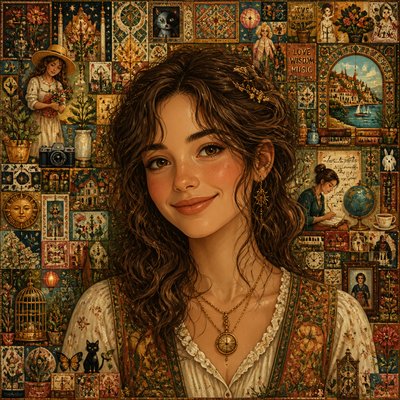 head-and-shoulders portrait of an original character: a young woman with wavy chestnut hair and a warm smile, plain soft backdrop