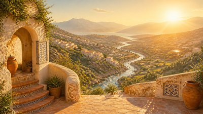 a vast valley with a river winding toward distant mountains at sunrise, no people, no text