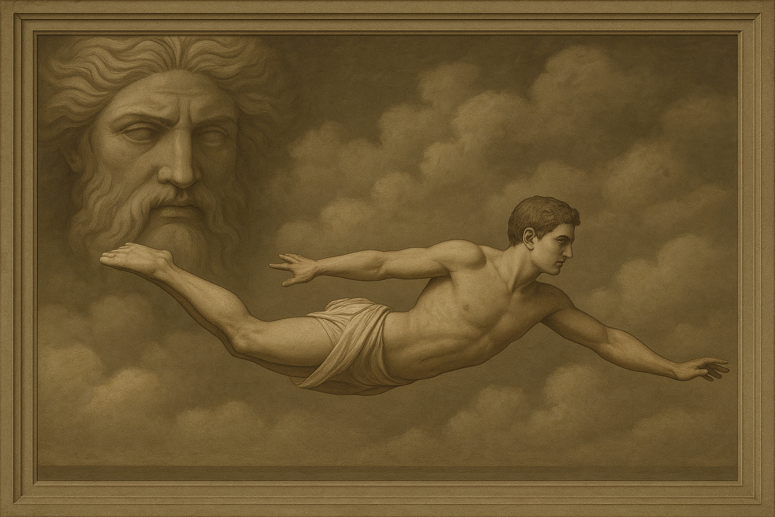 a painting of a man floating in the air