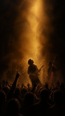 a live music scene with a glowing stage and silhouetted crowd, energetic vertical composition with open space at the top, no text