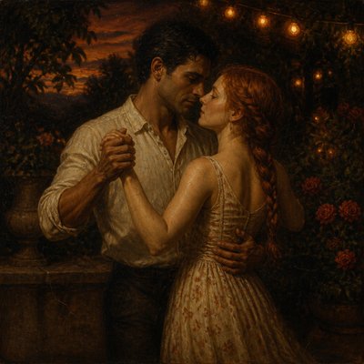 an original couple dancing under string lights in a garden at dusk: a man with short black hair in a linen shirt and a woman with braided red hair in a summer dress