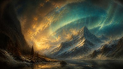 a flowing aurora over snowy peaks, wide sweeping composition, no people, no text
