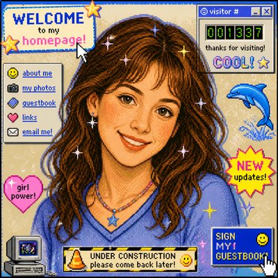 head-and-shoulders portrait of an original character: a young woman with wavy chestnut hair and a warm smile, plain soft backdrop