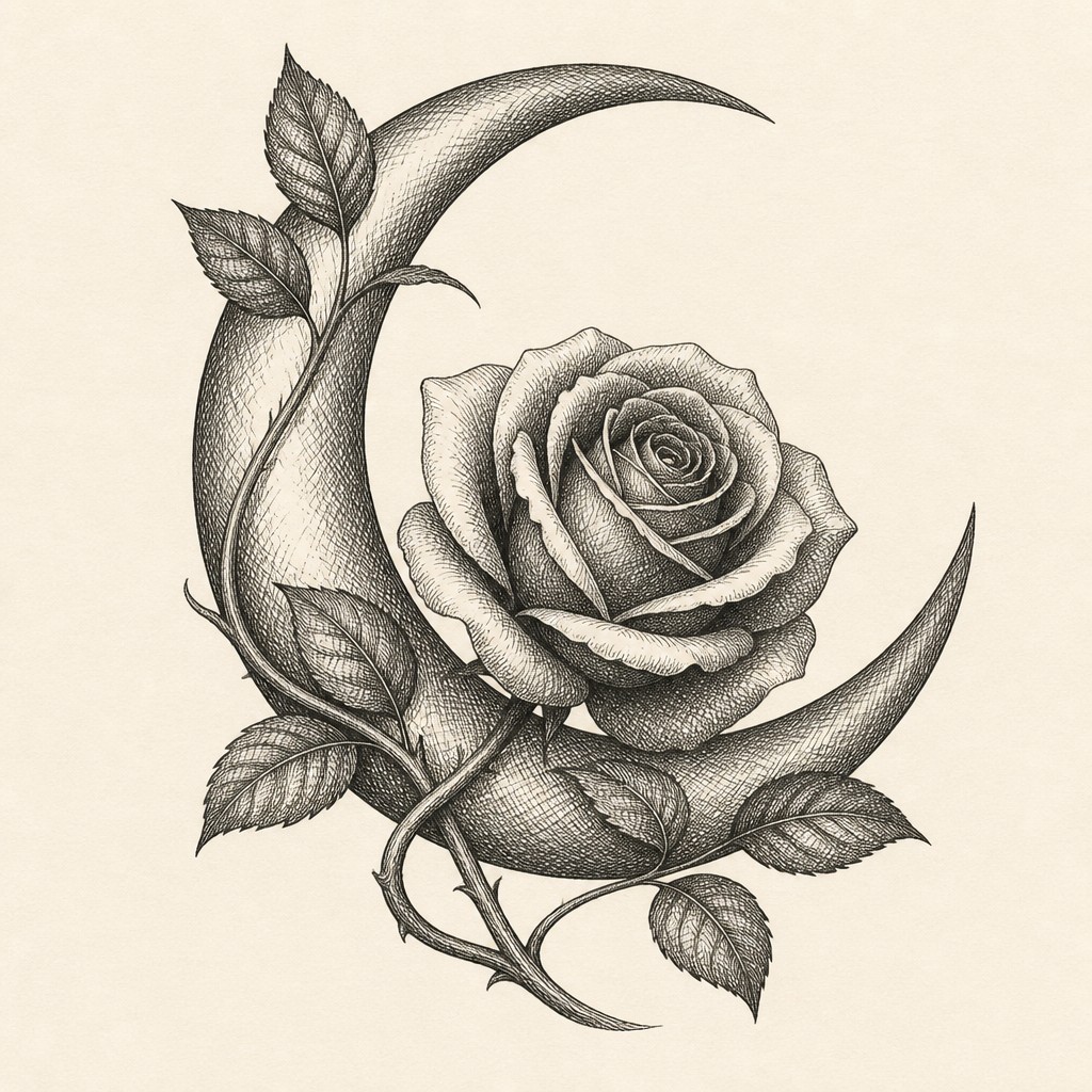 a rose entwined with a crescent moon, clean balanced composition on a plain background, no text