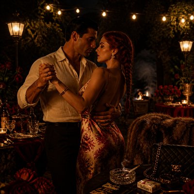 an original couple dancing under string lights in a garden at dusk: a man with short black hair in a linen shirt and a woman with braided red hair in a summer dress