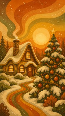 a snow-covered cottage with warm glowing windows beside a decorated pine tree, gentle snowfall, no text