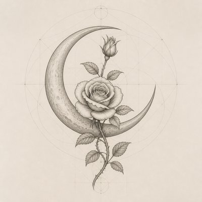 a rose entwined with a crescent moon, clean balanced composition on a plain background, no text