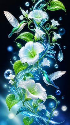 a climbing vine of flowers and hummingbirds on a dark background, tall wrapping composition, no text