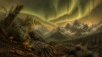 a flowing aurora over snowy peaks, wide sweeping composition, no people, no text