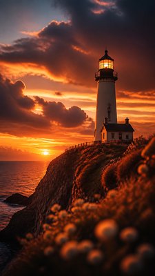 a lone lighthouse on a cliff at dusk under a dramatic sky, no text or lettering