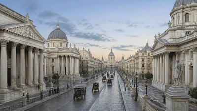 bustling city street panorama at dusk