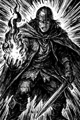 a black and white drawing of a man with a sword