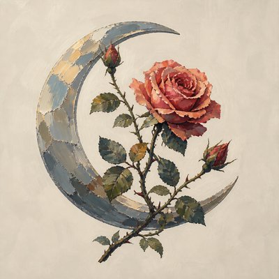a rose entwined with a crescent moon, clean balanced composition on a plain background, no text
