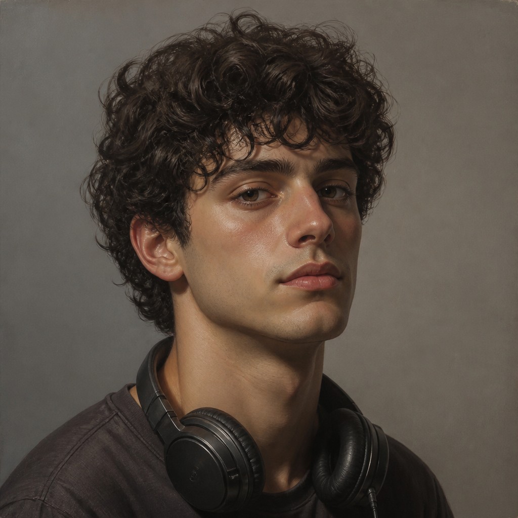head-and-shoulders portrait of an original character: a young man with curly dark hair and headphones around his neck, plain backdrop, no text