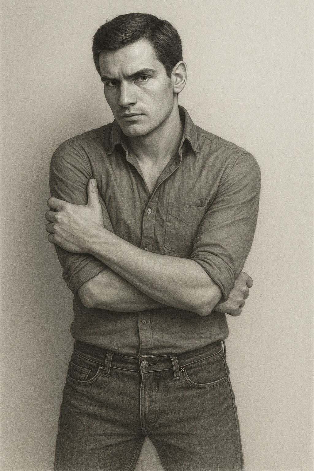 a black and white photo of a man with his arms crossed