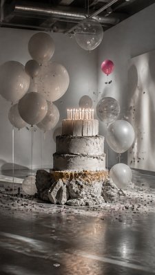a birthday cake with lit candles surrounded by balloons and confetti, festive vertical composition, no text