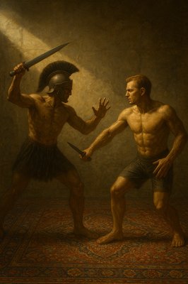 a painting of two men fighting each other